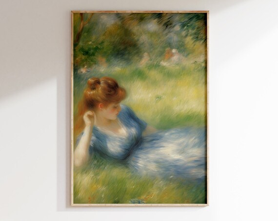 Woman in Blue Dress Vintage Portrait Reclining in Meadow Impressionist Poster