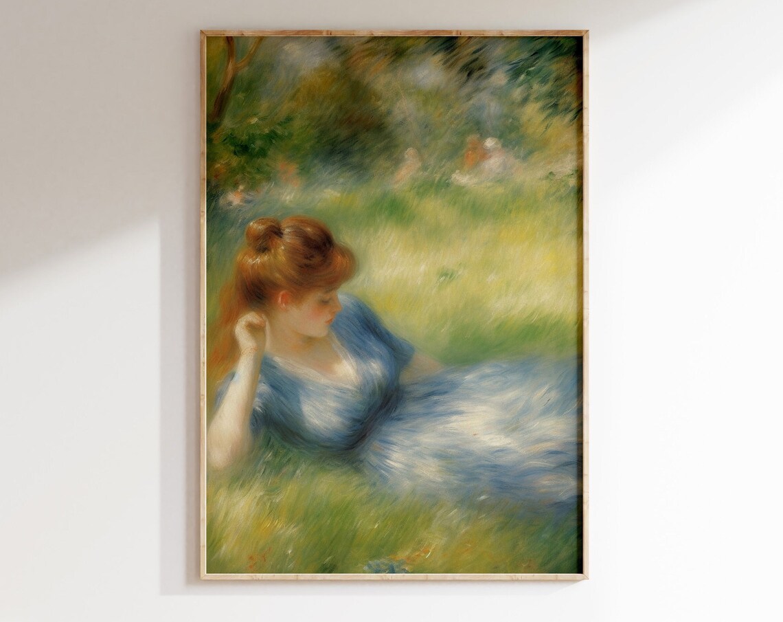 Woman in Blue Dress Vintage Portrait Reclining in Meadow Impressionist Poster