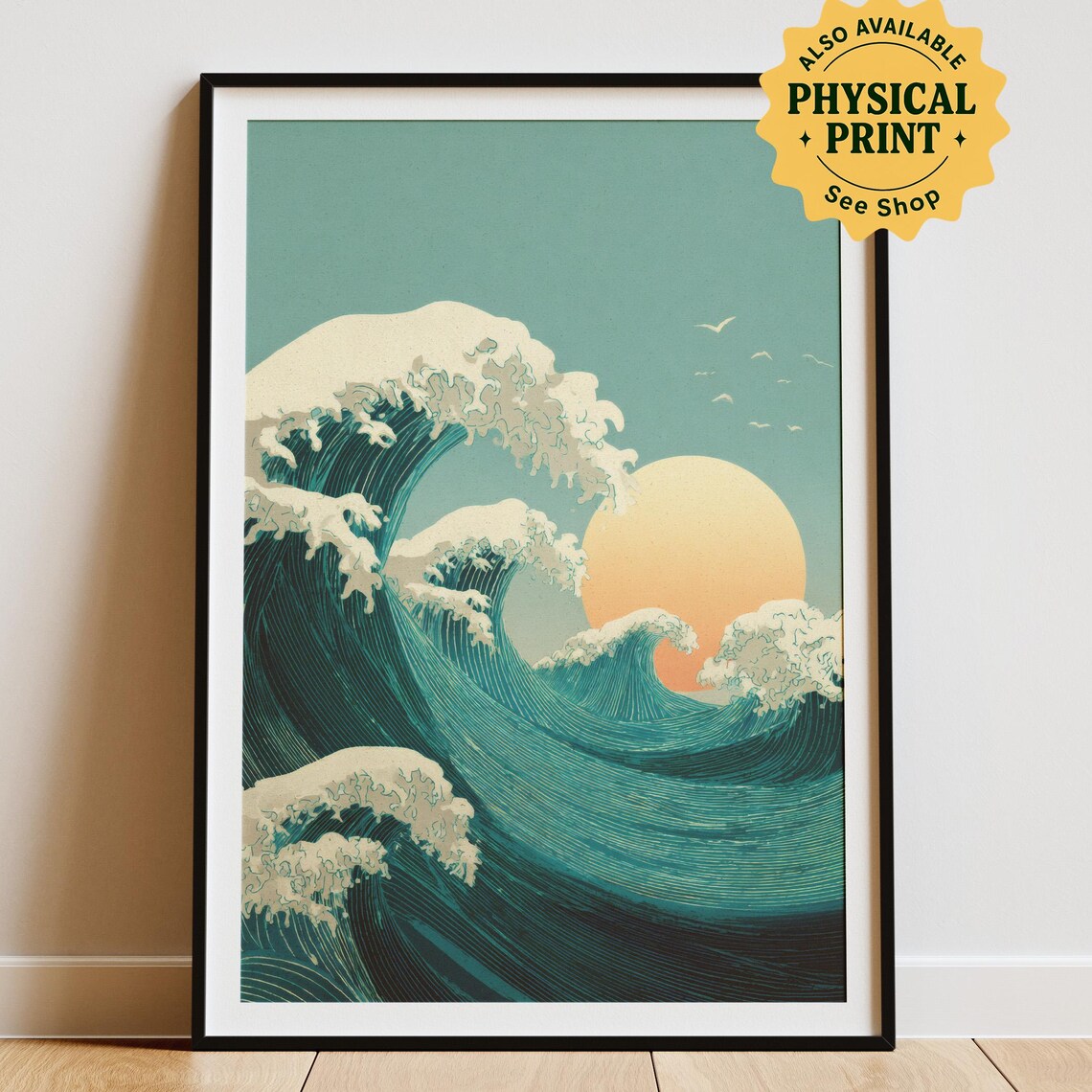 Japandi Ocean Wave Poster With Sun, Minimalist