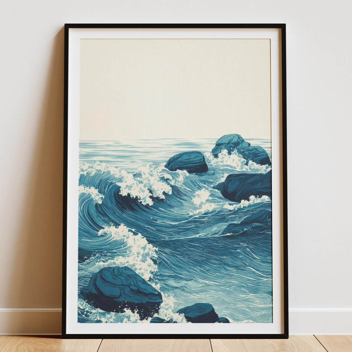 Japandi Blue Ocean Waves Crashing On Rocks Minimalist Seascape Print