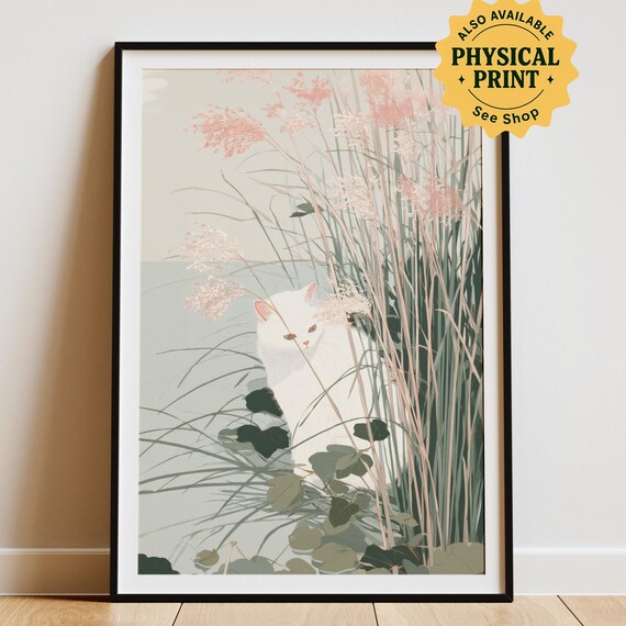 White Cat Hidden In Reeds Pastel Japandi Botanical Style Poster