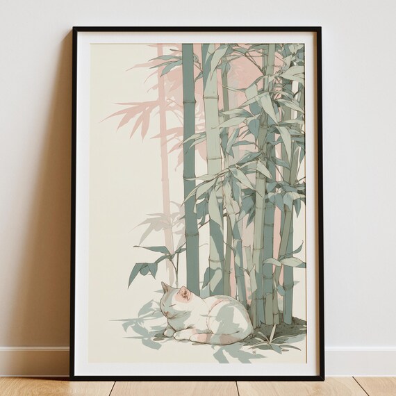 White Cat Resting Under Pastel Bamboo Stalks Japandi Zen Poster