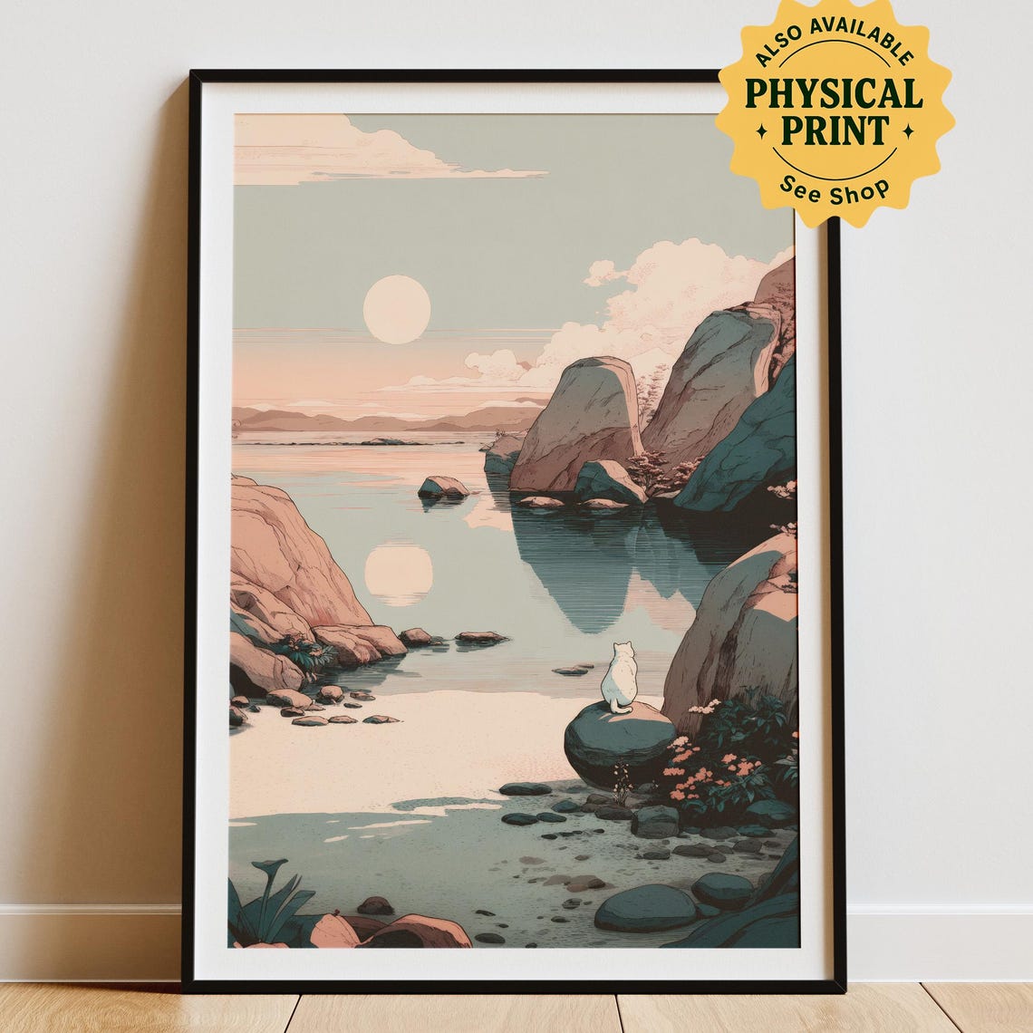 Japandi Cat Mountain Print Minimalist Zen Art