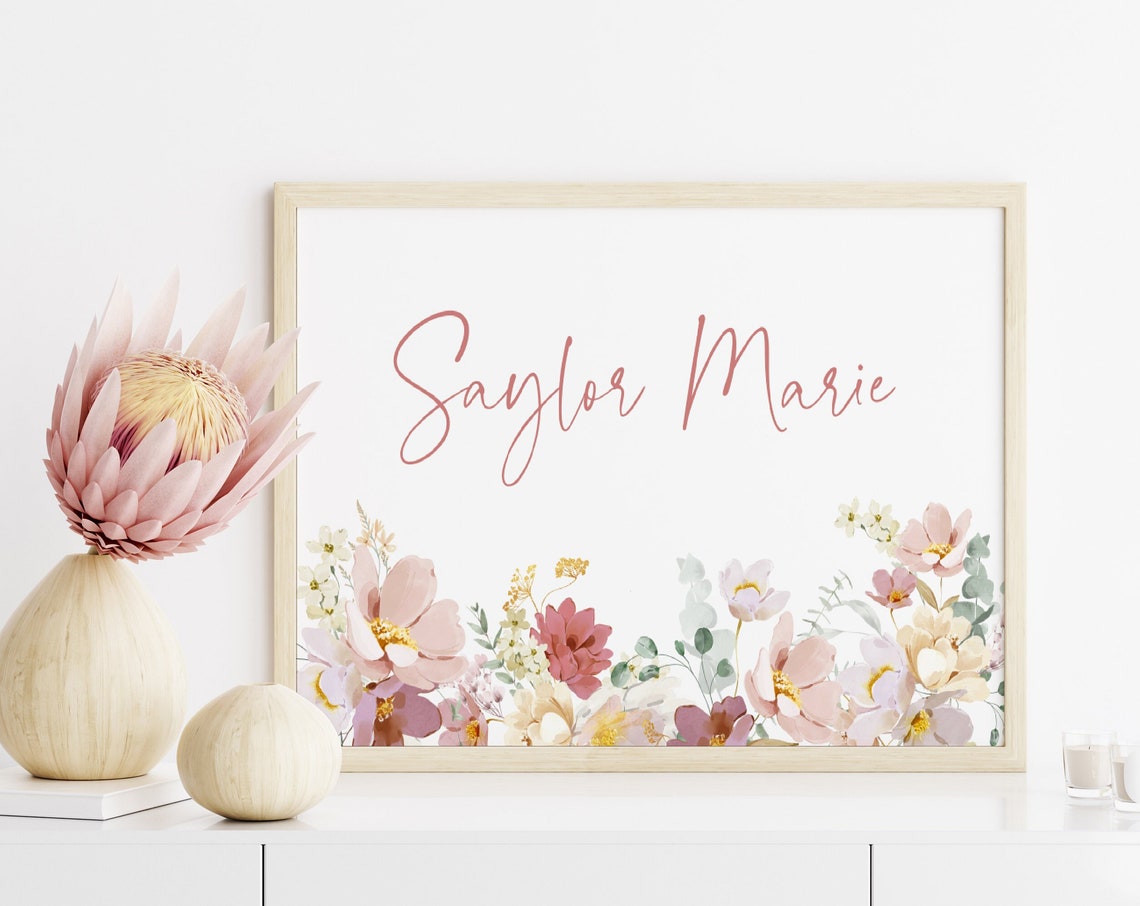 Saylor Marie Watercolor Floral Personalized Name Nursery Poster