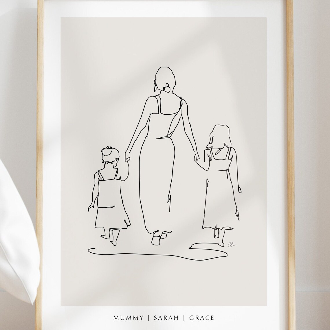 Mother and Daughters Line Drawing, Personalized Art Print