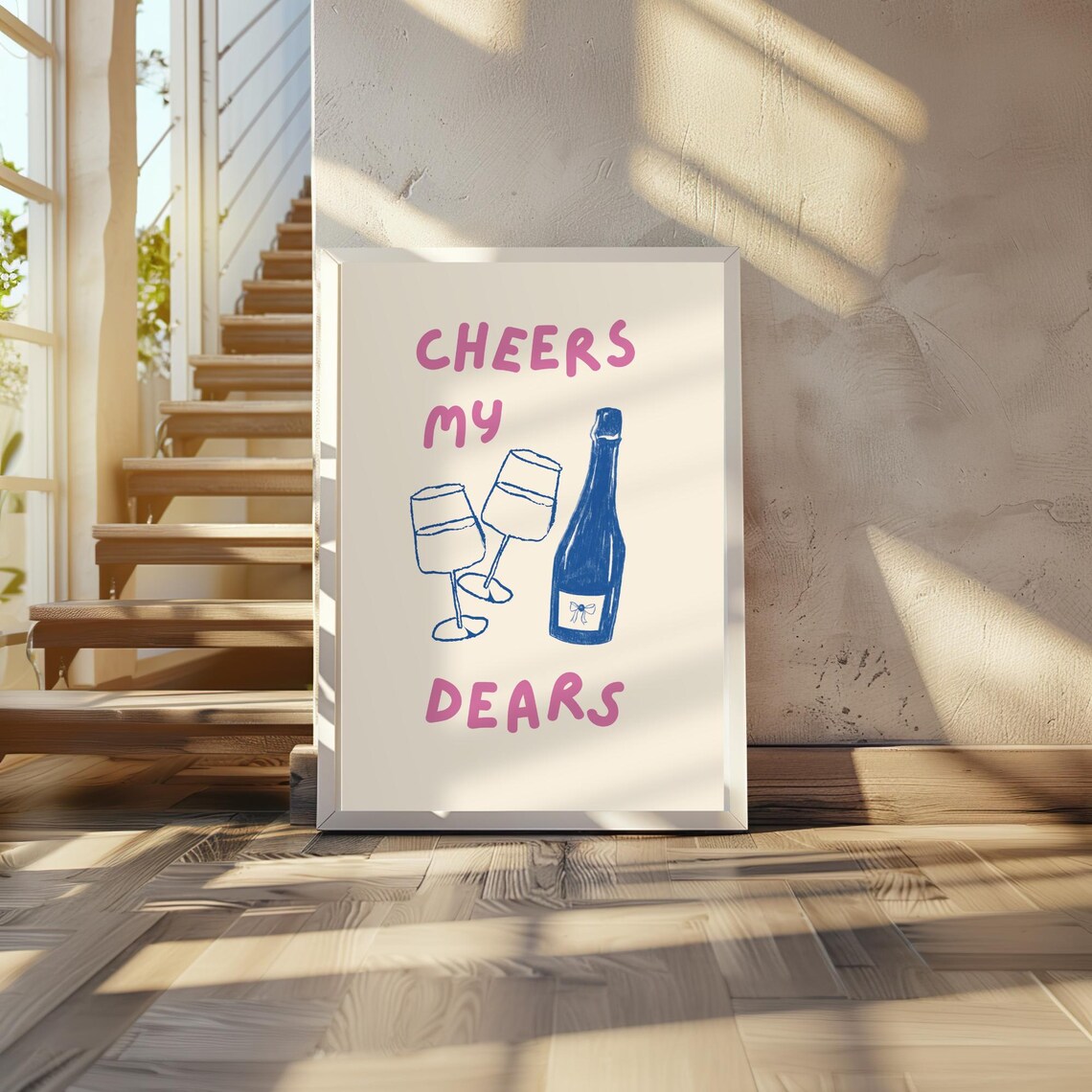 Cheers My Dears Pink Wine Bottle Glasses Bar Cart Quote Poster - Image 2
