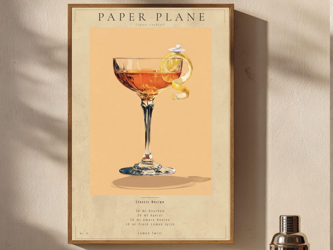 Paper Plane Classic Cocktail Recipe Bourbon Aperol Bar Cart Poster
