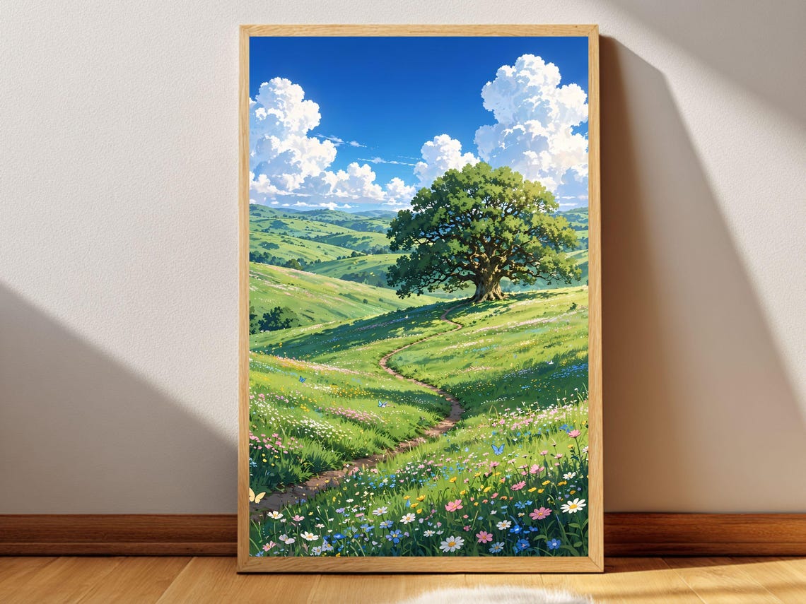 The Lone Oak Tree Meadow Wildflower Hill Anime Landscape Poster