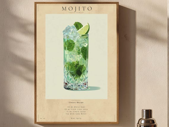 Mojito Poster Vintage Cocktail Wall Art Bar Cart Decor Printable Download