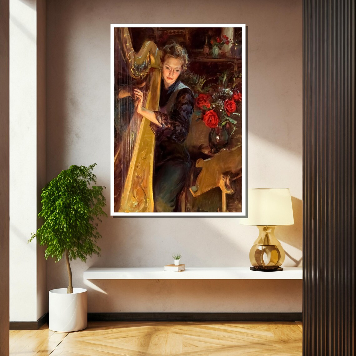 Woman Playing Golden Harp Beside A Vase Of Red Roses Painting Poster - Image 2