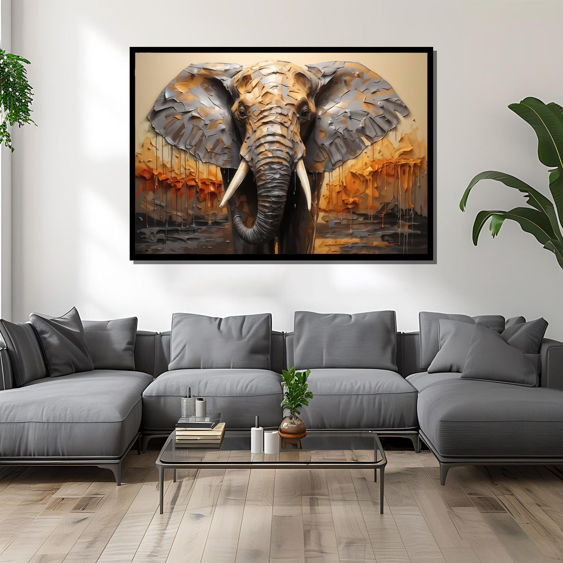 Textured 3D Elephant Head In Gray And Gold High Relief Style Poster - Image 4