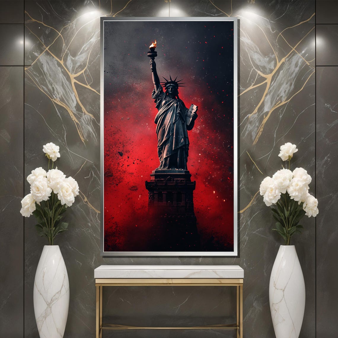 Dark Statue Of Liberty Painting Dramatic New York Art Red And Black Wall Decor Bold Modern Artwork Unique Liberty Gift - Image 3