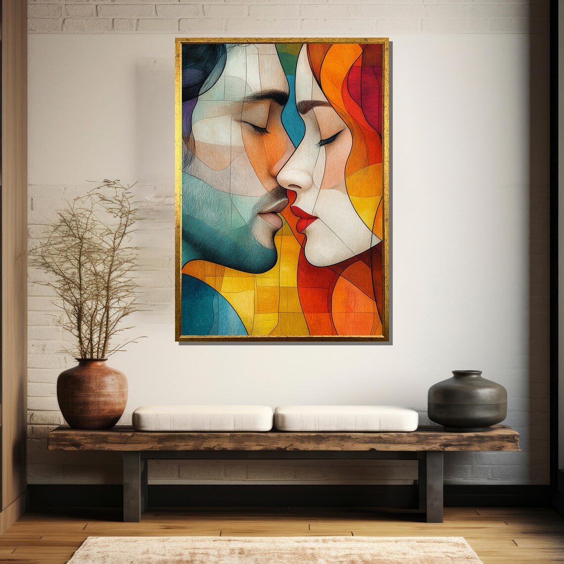 Abstract Couple Kiss in Stained Glass Warm Red and Teal Poster - Image 5