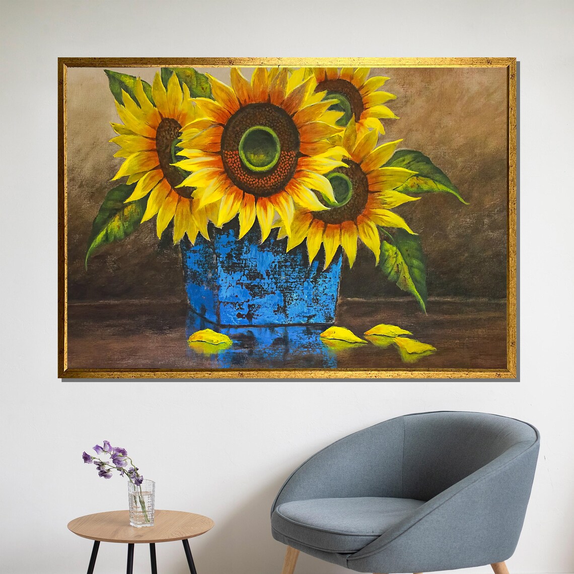 Bright Sunflowers In Blue Rustic Vase Cheerful Floral Wall Art