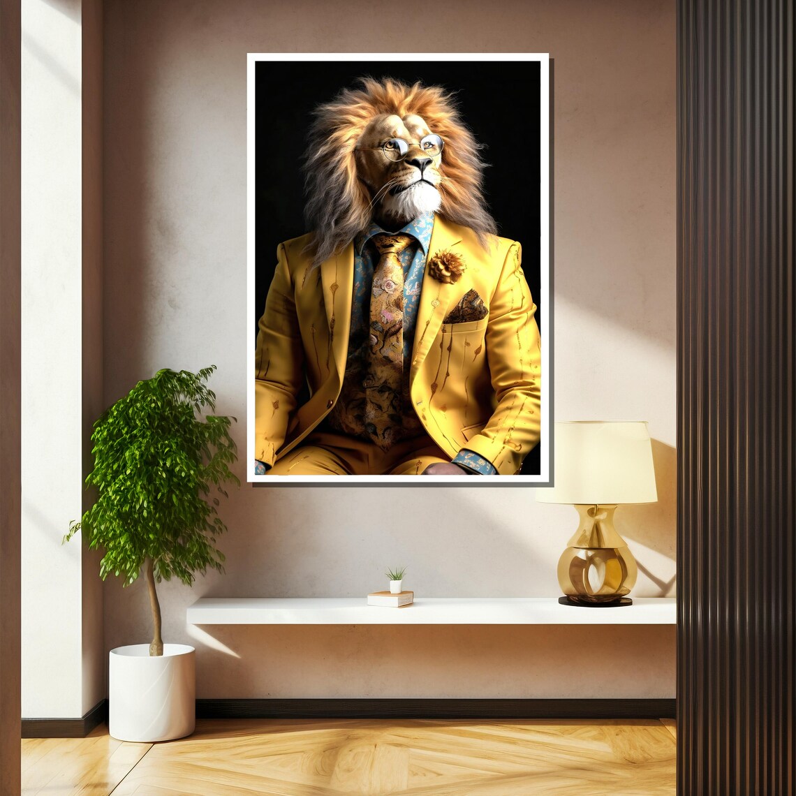 Lion In Bright Yellow Suit And Glasses Whimsical Gentleman Portrait Poster - Image 2