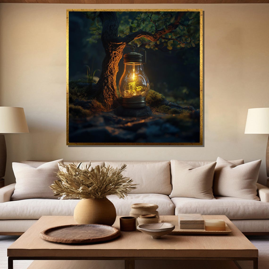 Enchanted Glowing Lantern with Tiny Tree at Night Forest Art Poster - Image 5
