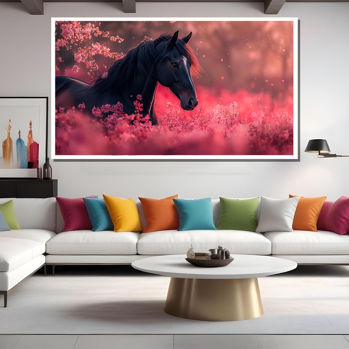 Black Horse Among Pink Cherry Blossoms Romantic Equestrian Poster - Image 2