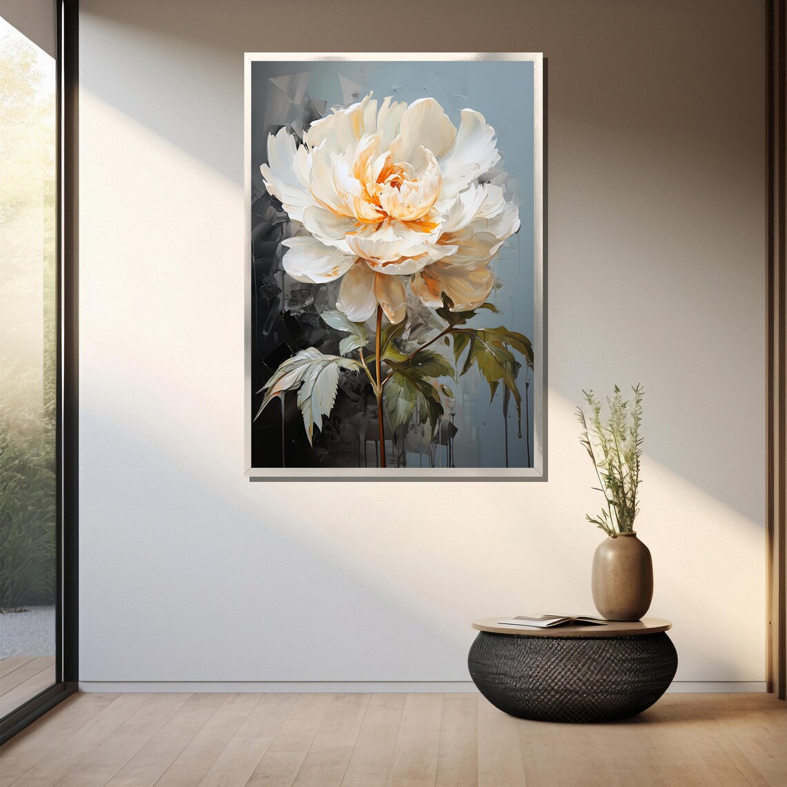 Elegant White Peony Bloom Modern Botanical Large Floral Wall Art - Image 3