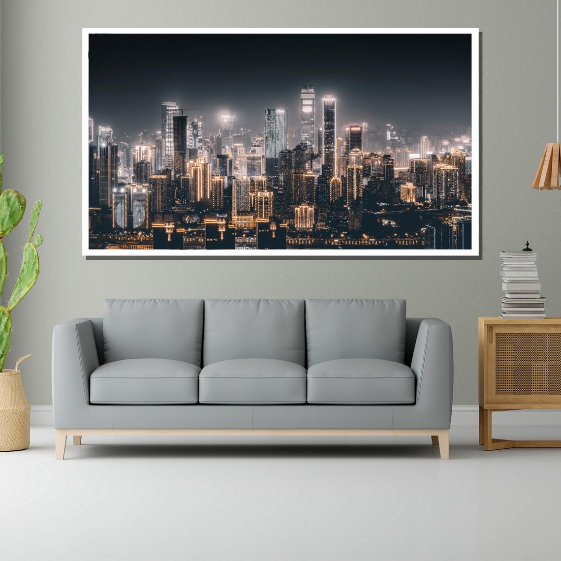 Modern City Skyline at Night with Illuminated Skyscrapers Poster - Image 2