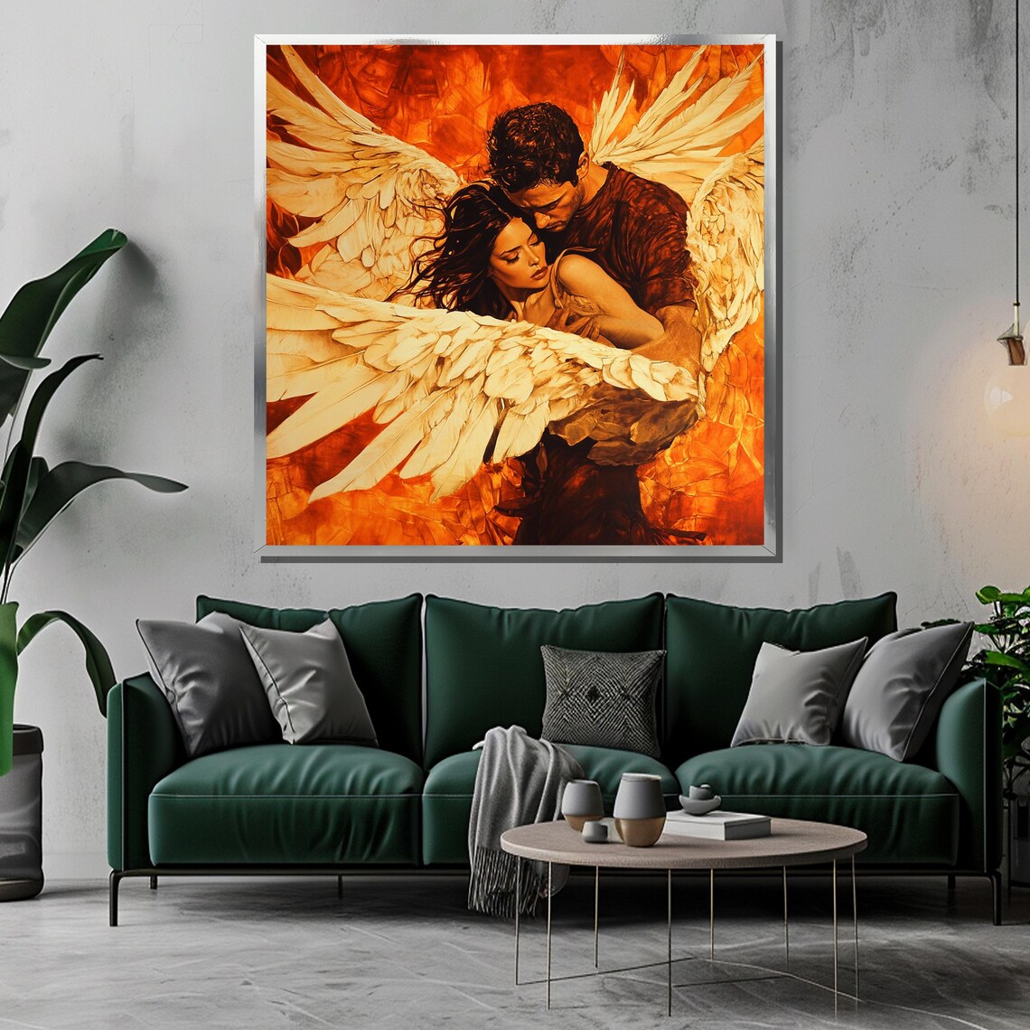 Angel Winged Lovers Embrace in Fiery Golden Sunset Glow Poster - Image 3