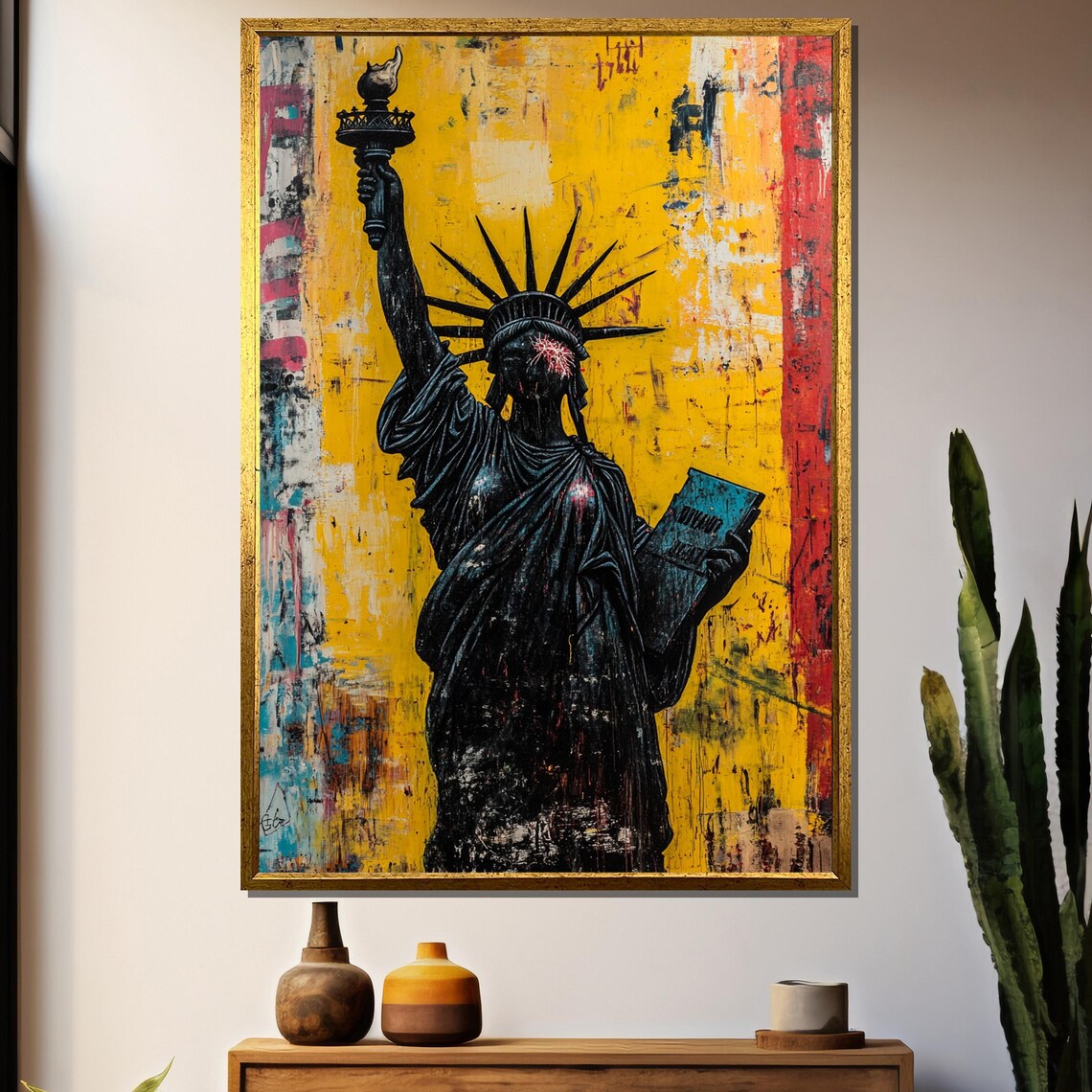 Dark Statue Of Liberty Over Yellow Grunge Street Art Wall Poster