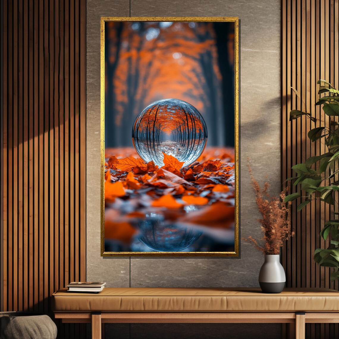 Crystal Ball Reflecting Autumn Forest on Bed of Fallen Leaves Poster - Image 5