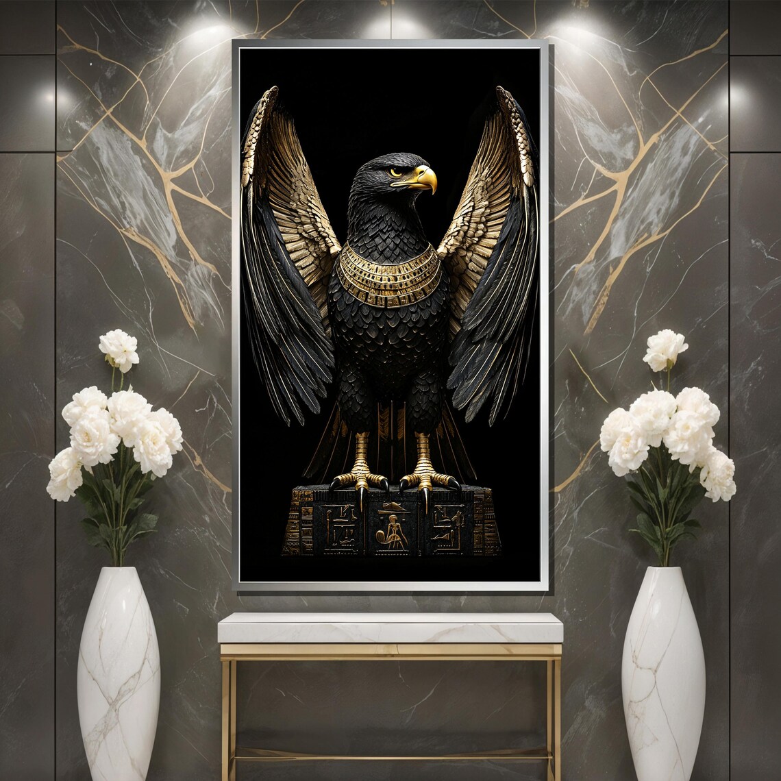 Regal Egyptian Falcon with Golden Wings on Hieroglyph Pedestal Poster - Image 3