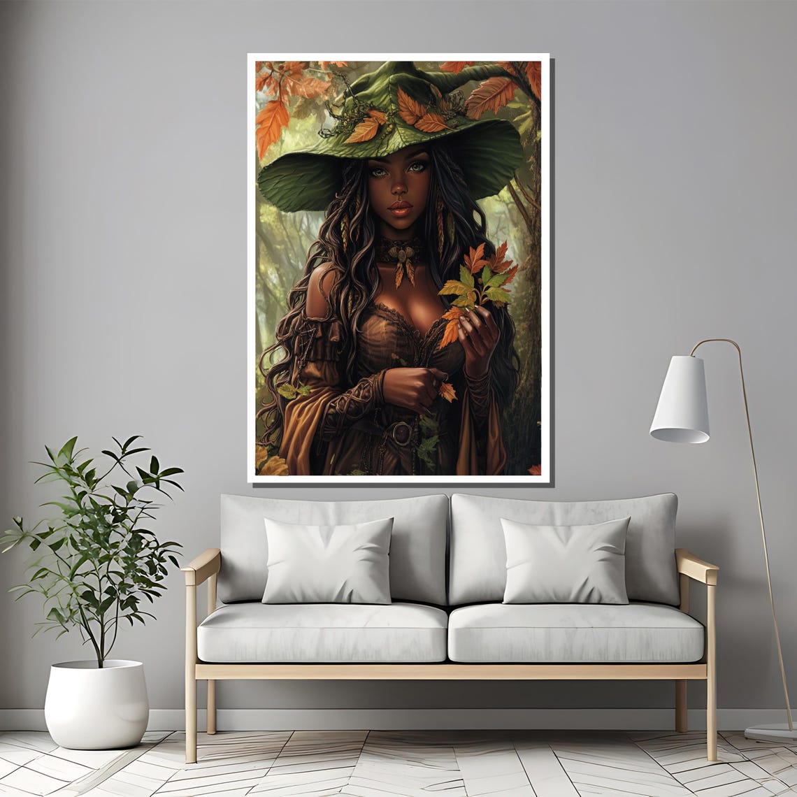 Herbal Forest Witch with Autumn Leaf Hat Fantasy Portrait Poster - Image 2