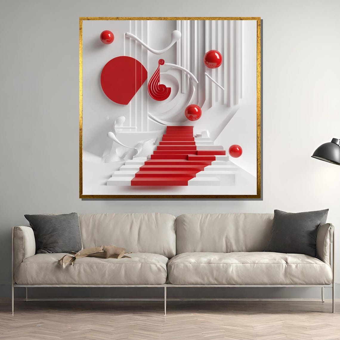 Abstract Minimalist Red And White Painting Geometric Modern Wall Art Contemporary Home Decor Gift