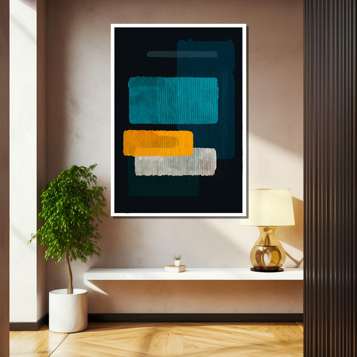 Vibrant Abstract Geometric Painting Teal Mustard And White Accents Modern Artistic Gift For Contemporary Home Decor - Image 2