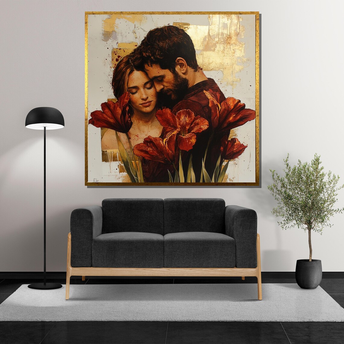 Romantic Couple Embrace with Red Amaryllis Flowers Gold Accents Poster - Image 5