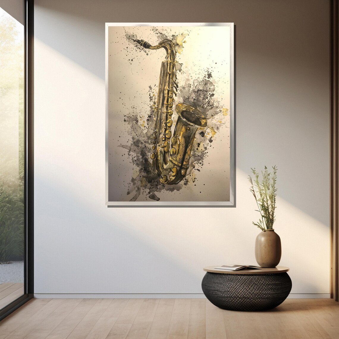 Golden Saxophone Watercolor With Ink Splashes Painting Poster - Image 3
