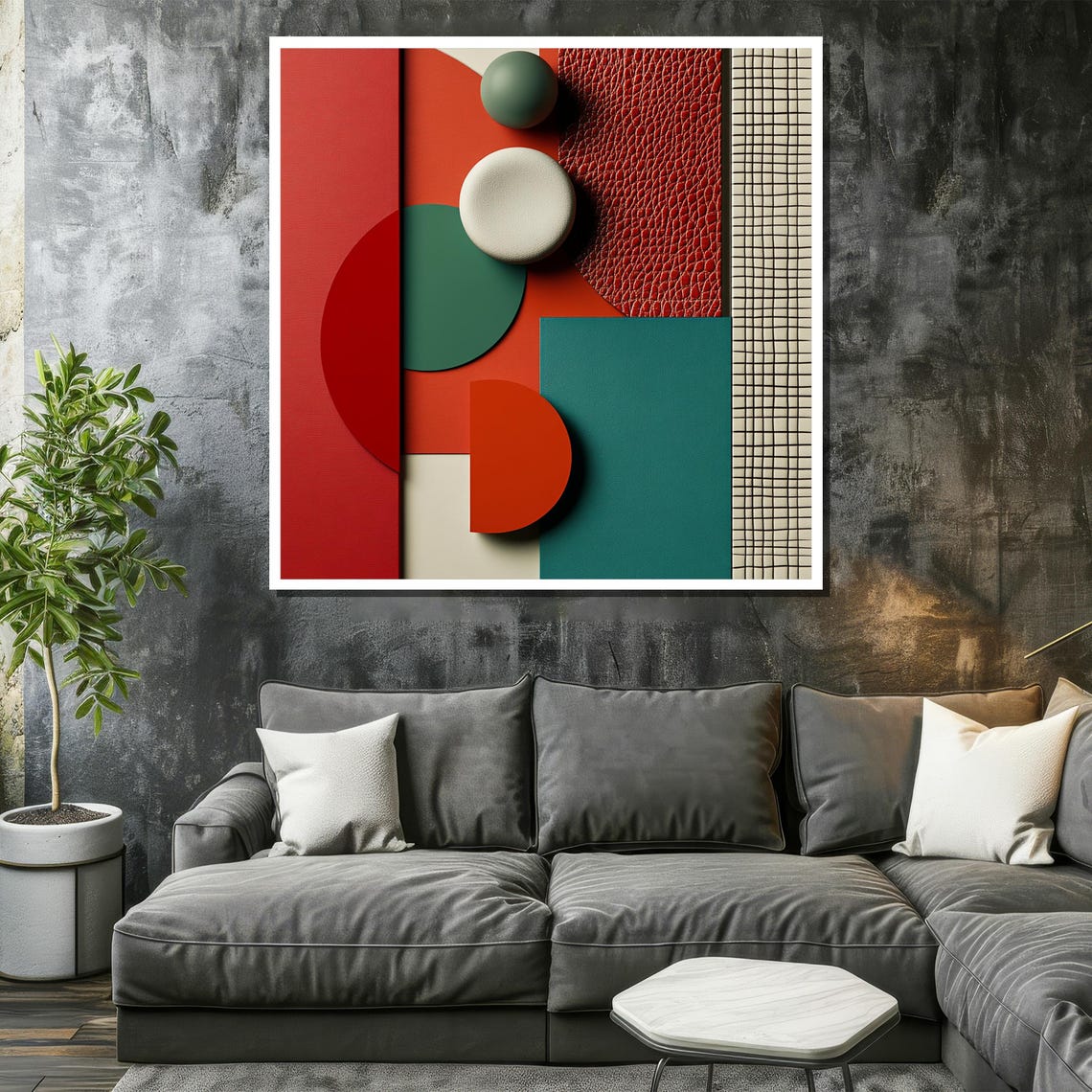 Bold Pop Art Geometric Shapes in Red Green Beige and Cream Poster - Image 2