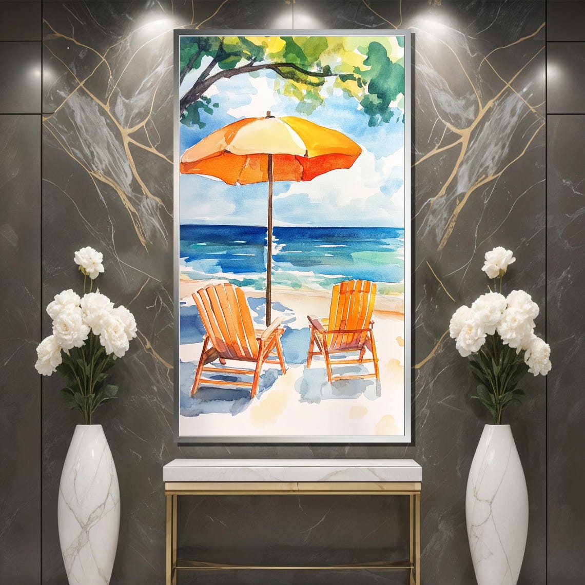Sunny Watercolor Beach Scene with Chairs and Orange Umbrella Poster - Image 3