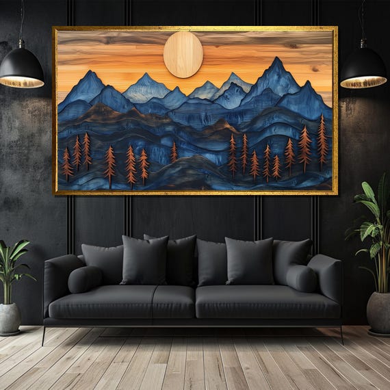 Layered Wooden Mountain Painting Sunset Forest Art Gift For Rustic Home Decor
