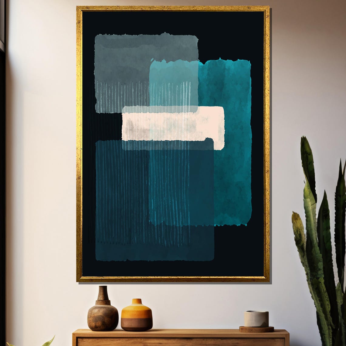 Teal Turquoise And White Blocks Geometric Abstract Painting Poster