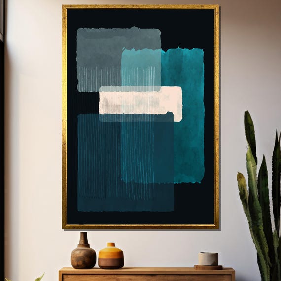 Modern Abstract Painting In Teal And Grey Tones Contemporary Geometric Design Art Gift For Stylish Home Decor
