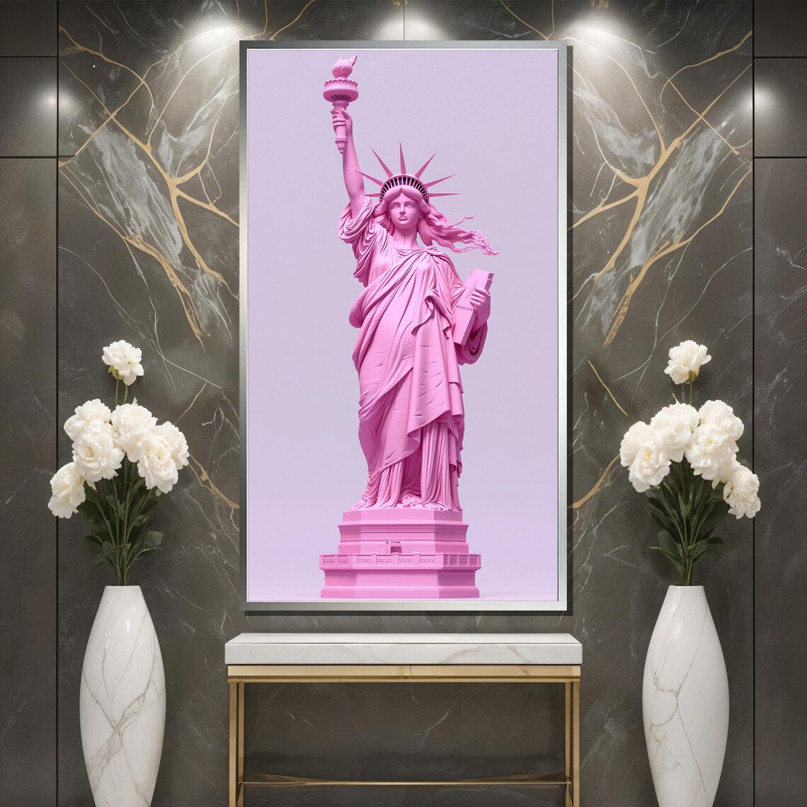 Pink Statue Of Liberty Against A Soft Lavender Sky Art Poster - Image 3