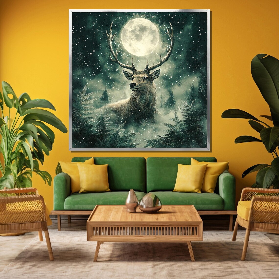 Majestic Stag with Grand Antlers Under Full Moon in Snowy Forest Poster - Image 3