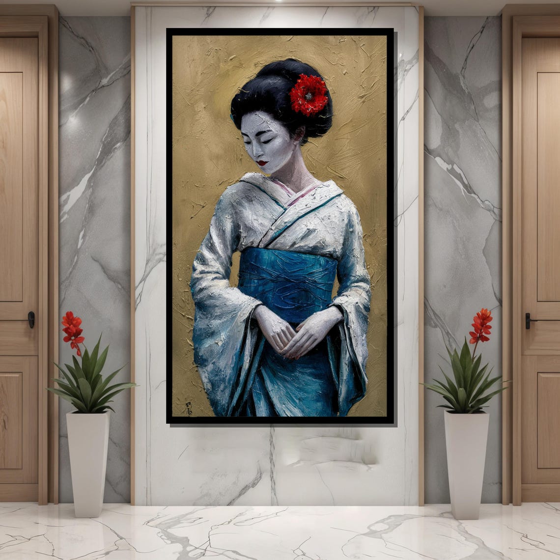 Graceful Geisha with Red Flower on Textured Gold Leaf Poster - Image 4