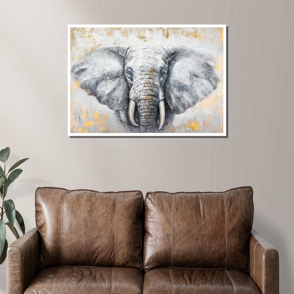 Gray Elephant Face With Gold Leaf Accents Elegant Wildlife Art Poster - Image 2