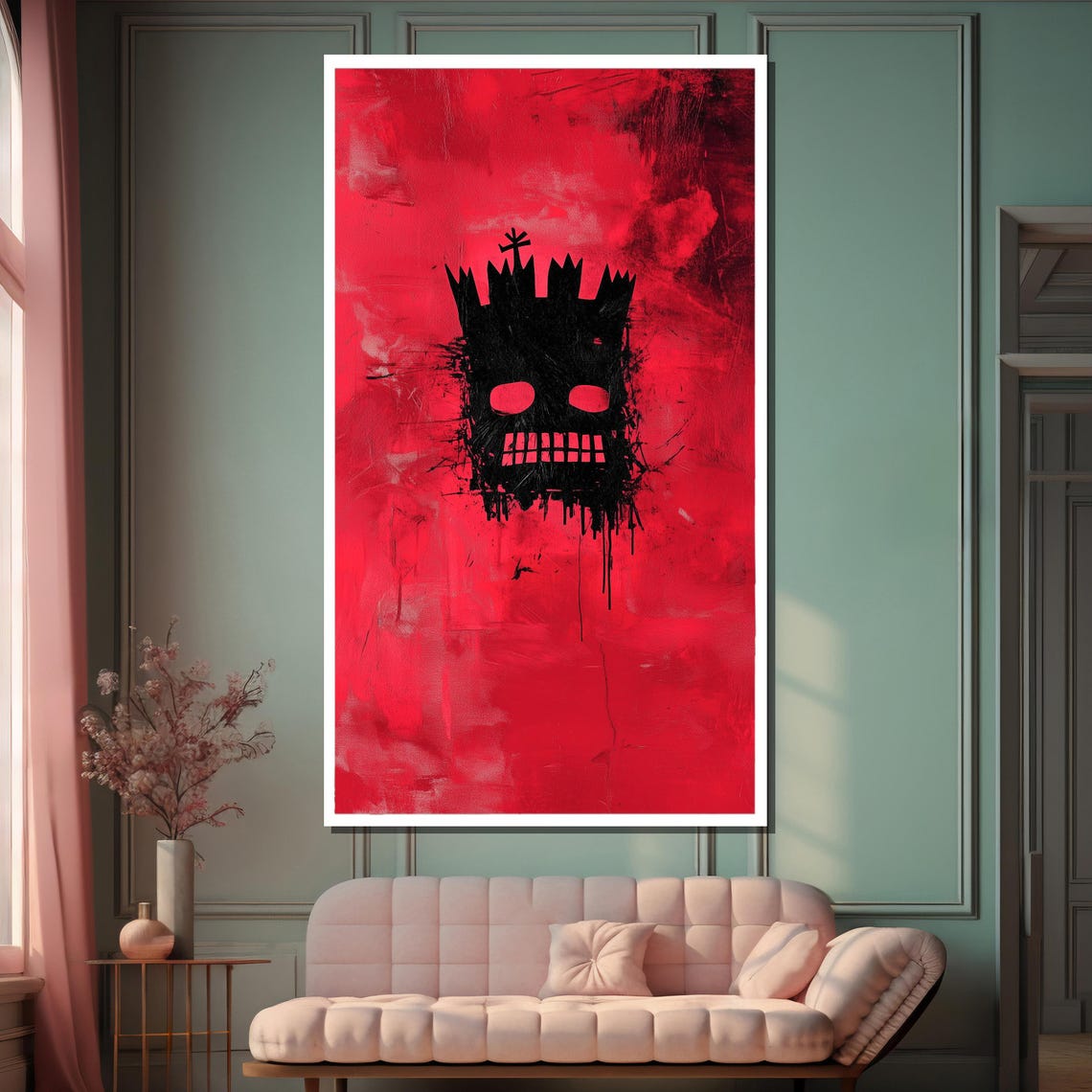 Minimalist Crowned Skull Black Ink On Vivid Red Background Poster - Image 2
