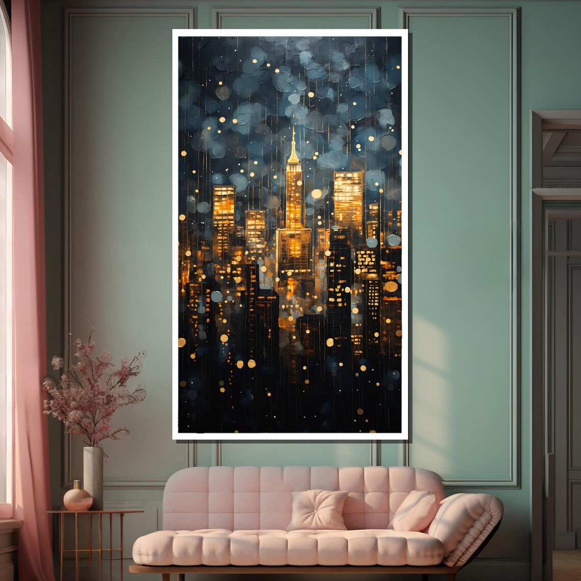 Golden Manhattan Skyline at Night Abstract City Lights Poster - Image 2
