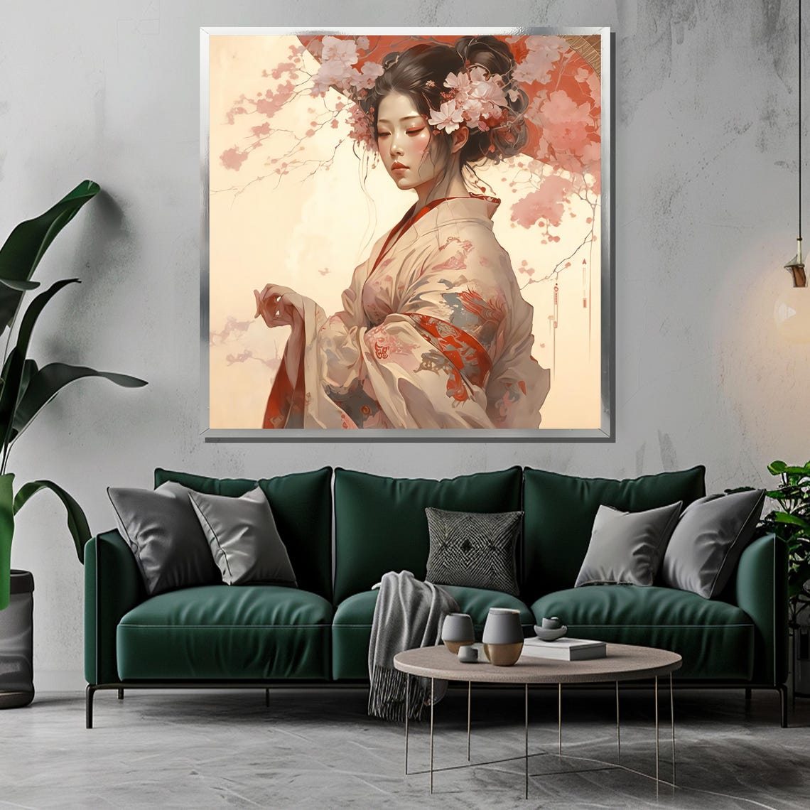Serene Geisha in Cherry Blossom Kimono Soft Floral Art Poster - Image 3