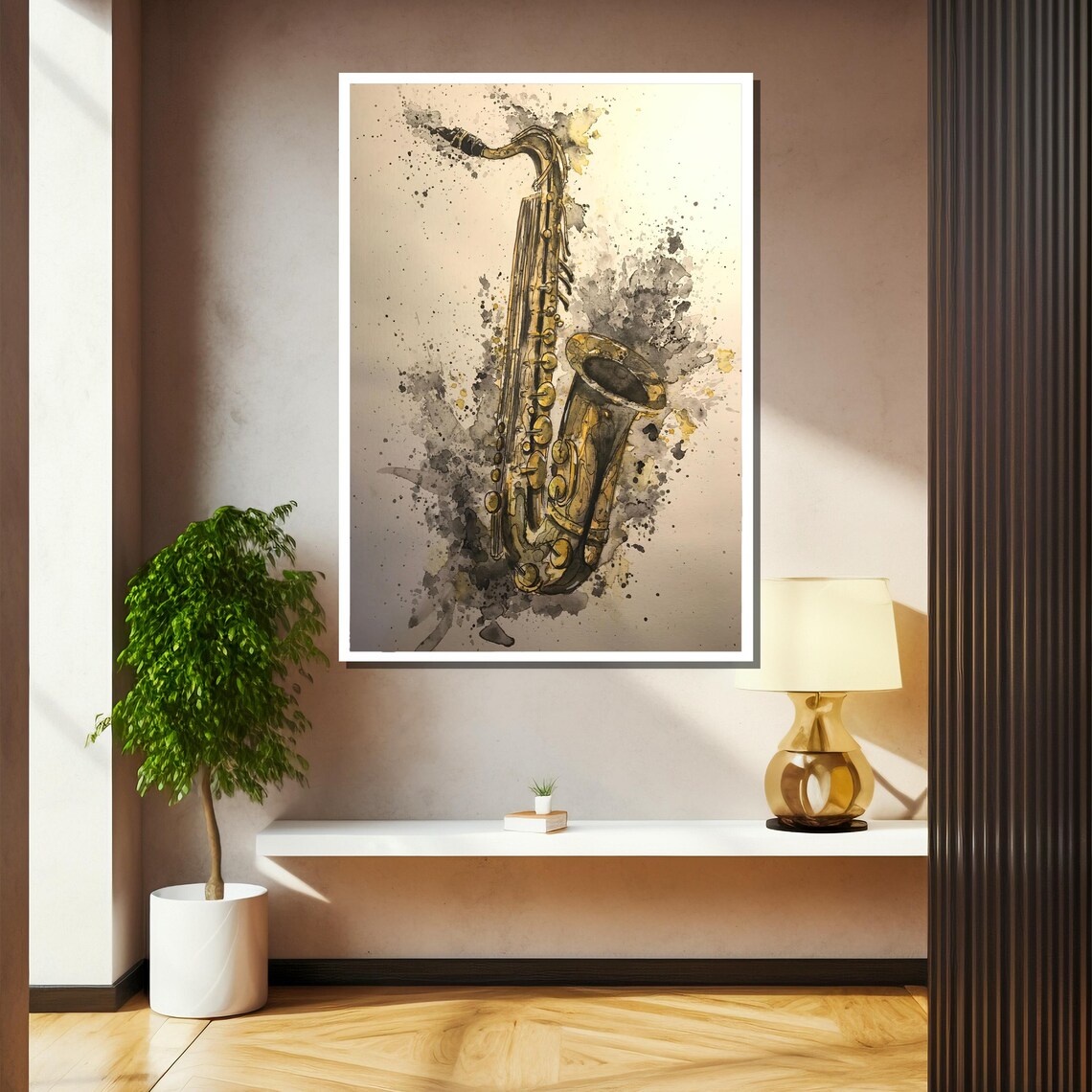 Golden Saxophone Watercolor With Ink Splashes Painting Poster - Image 2