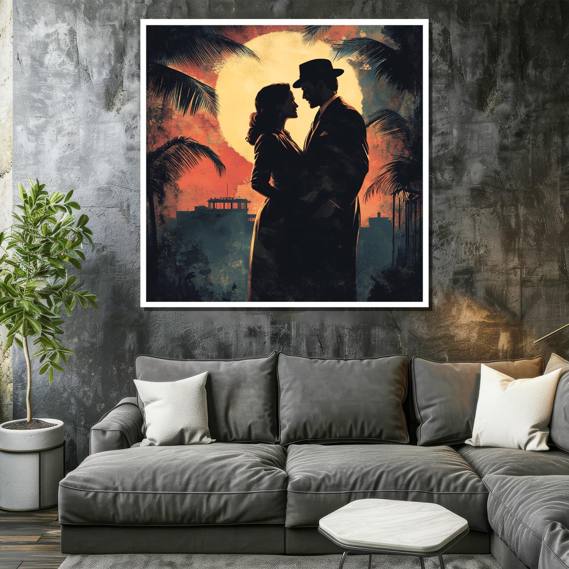 Film Noir Couple Silhouette Under Giant Moon at Tropical Harbor Poster - Image 2