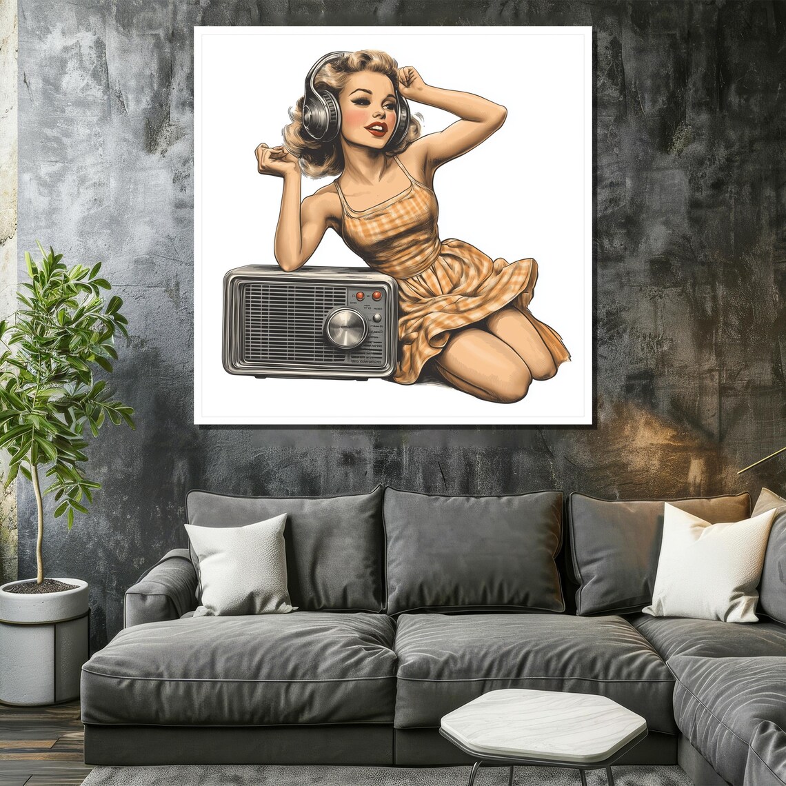 Retro Radio Girl Painting 1950s Vintage Music Art Pin Up Style Wall Decor Midcentury Gift For Music Lovers - Image 2