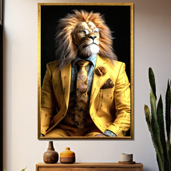 Regal Lion In Yellow Suit Painting Whimsical Animal Art For Bold Home Decor And Gift Idea