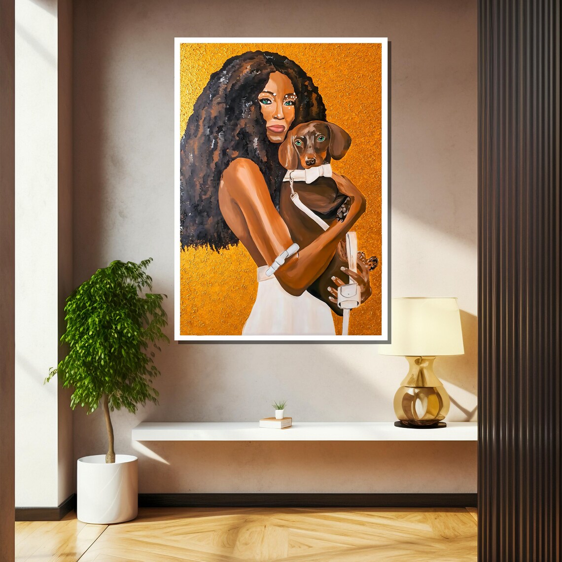 Modern Woman Hugging Dachshund On Textured Gold Portrait Poster - Image 2