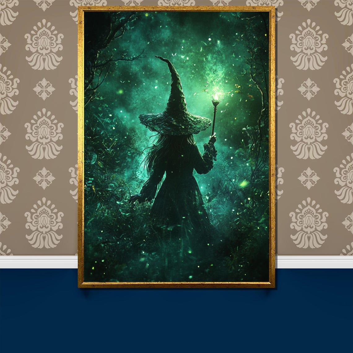 Witch Silhouette with Glowing Staff in Emerald Green Forest Poster